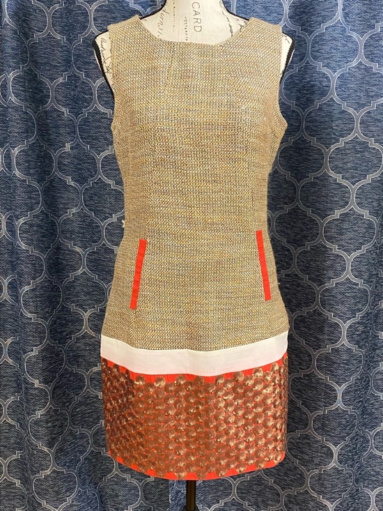 Norm Thompson Dresses & Skirts - NORM Beige Vintage Tweed Mini Dress with Coral and Gold Trim